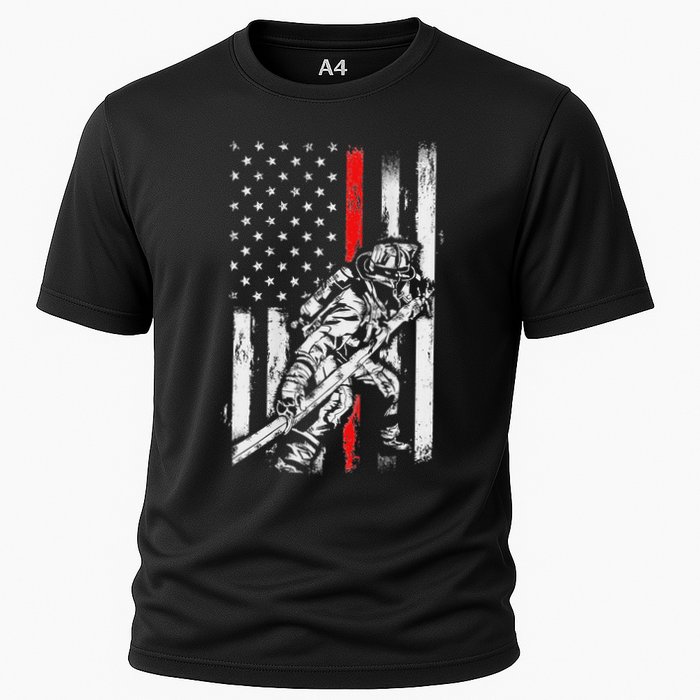 Firefighter Red Us Patriotic Funny Fireman American Flag Cooling Performance Crew T-Shirt