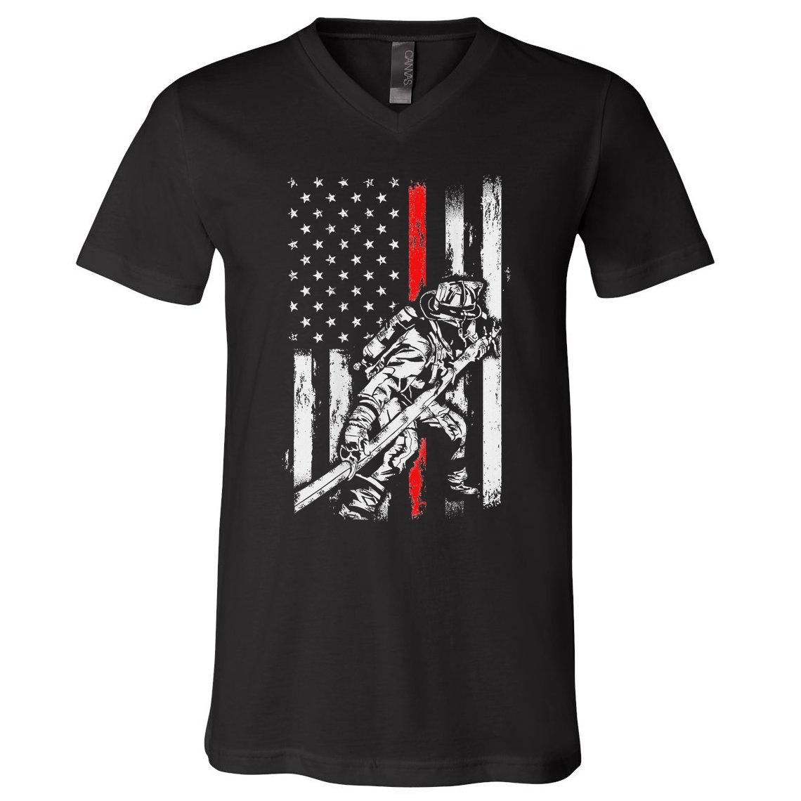 Firefighter Red Us Patriotic Funny Fireman American Flag V-Neck T-Shirt