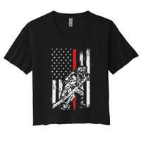 Firefighter Red Us Patriotic Funny Fireman American Flag Women's Crop Top Tee