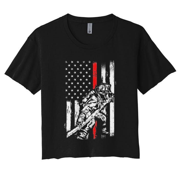 Firefighter Red Us Patriotic Funny Fireman American Flag Women's Crop Top Tee