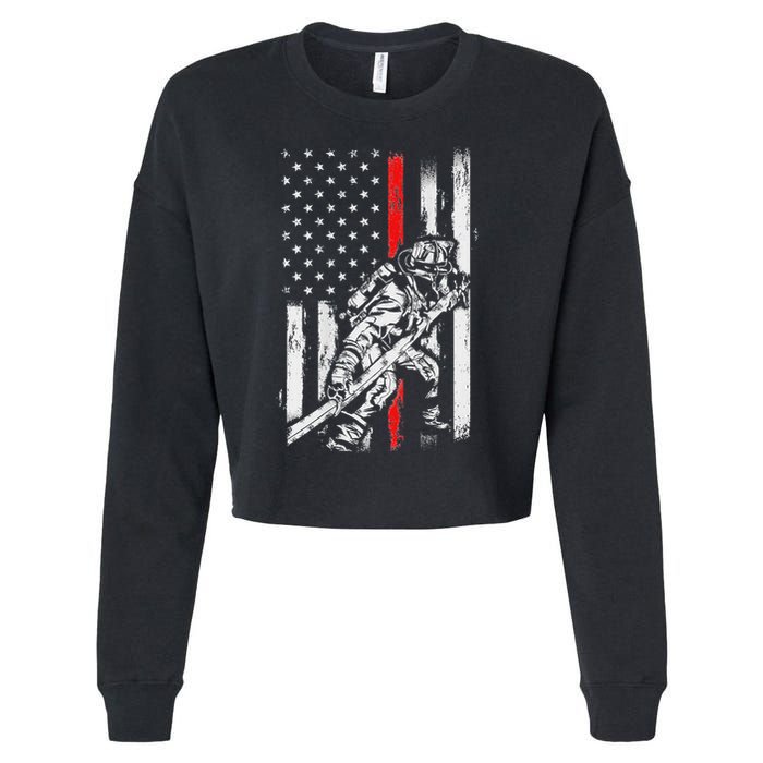 Firefighter Red Us Patriotic Funny Fireman American Flag Cropped Pullover Crew