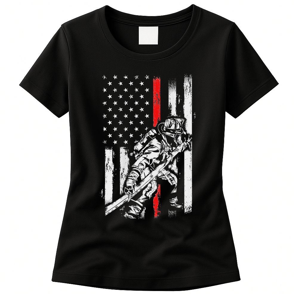 Firefighter Red Us Patriotic Funny Fireman American Flag Womens T-Shirt