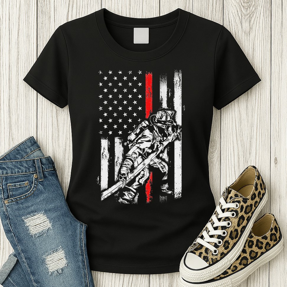 Firefighter Red Us Patriotic Funny Fireman American Flag Womens T-Shirt