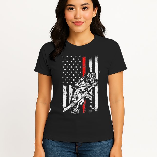 Firefighter Red Us Patriotic Funny Fireman American Flag Womens T-Shirt