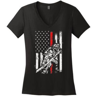 Firefighter Red Us Patriotic Funny Fireman American Flag Women's V-Neck T-Shirt