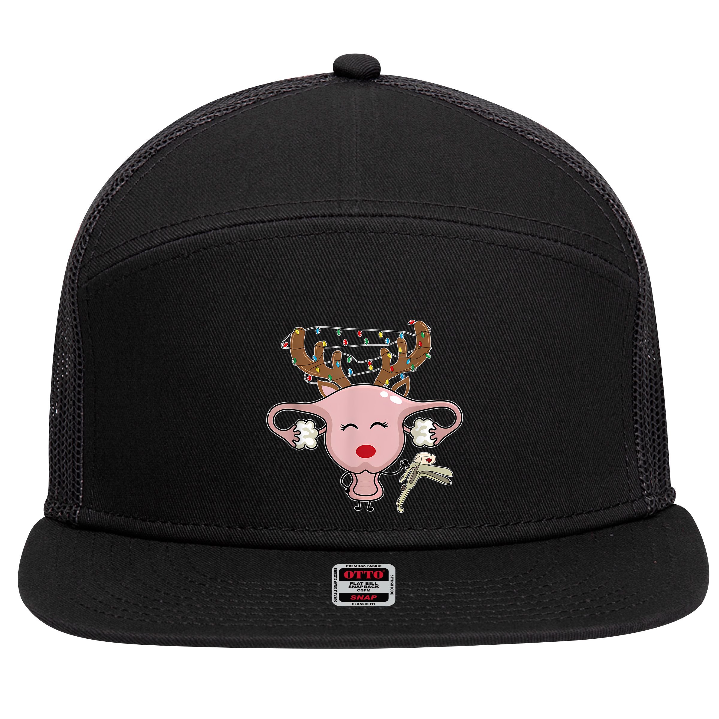 Festive Reindeer Uterus Nurse Speculum Xmas Light Obgyn 7 Panel Mesh Trucker Snapback Hat