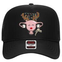 Festive Reindeer Uterus Nurse Speculum Xmas Light Obgyn High Crown Mesh Back Trucker Hat