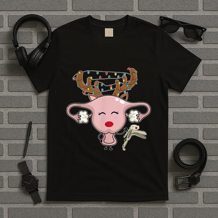 Festive Reindeer Uterus Nurse Speculum Xmas Light Obgyn T-Shirt