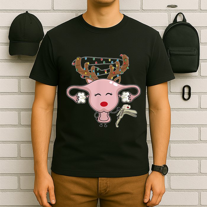Festive Reindeer Uterus Nurse Speculum Xmas Light Obgyn T-Shirt