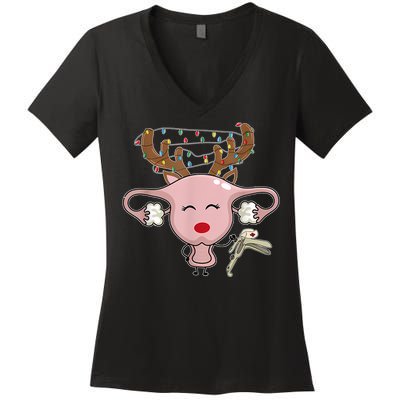 Festive Reindeer Uterus Nurse Speculum Xmas Light Obgyn Women's V-Neck T-Shirt