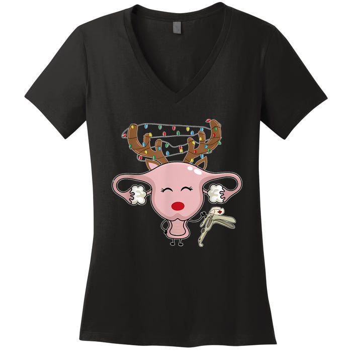 Festive Reindeer Uterus Nurse Speculum Xmas Light Obgyn Women's V-Neck T-Shirt