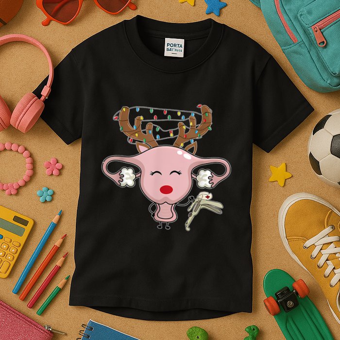 Festive Reindeer Uterus Nurse Speculum Xmas Light Obgyn Kids T-Shirt