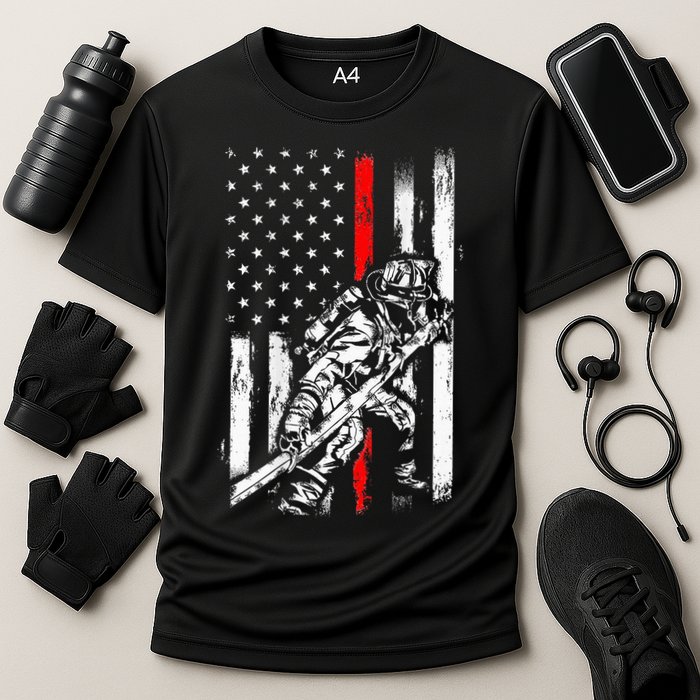 Firefighter Red Us Patriotic Funny Fireman American Flag Cooling Performance Crew T-Shirt