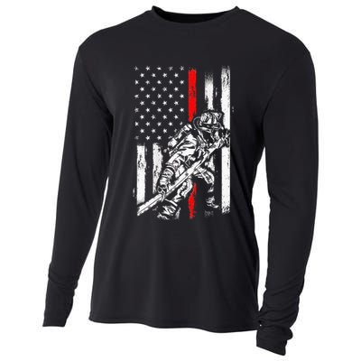 Firefighter Red Us Patriotic Funny Fireman American Flag Cooling Performance Long Sleeve Crew