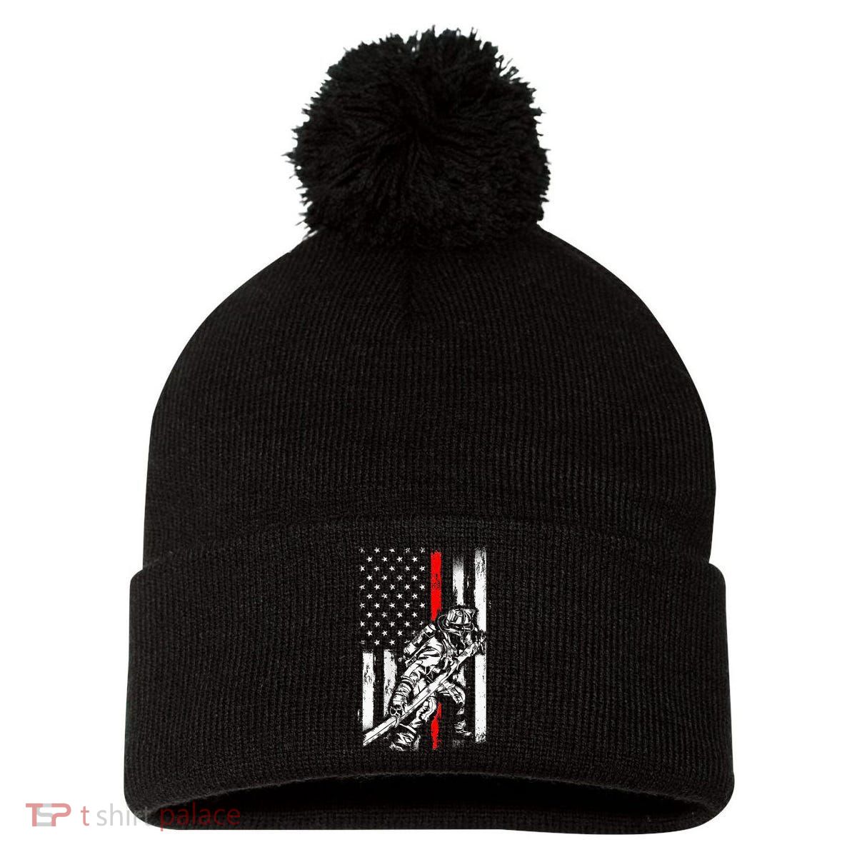 Firefighter Red Us Patriotic Funny Fireman American Flag Pom Pom 12in Knit Beanie