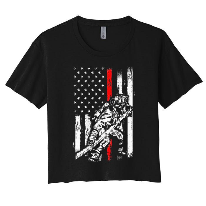 Firefighter Red Us Patriotic Funny Fireman American Flag Women's Crop Top Tee