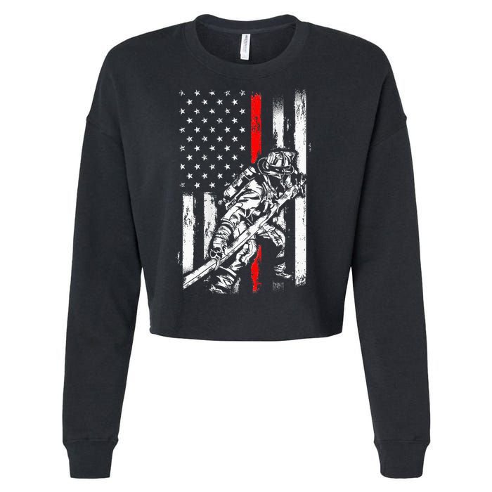 Firefighter Red Us Patriotic Funny Fireman American Flag Cropped Pullover Crew