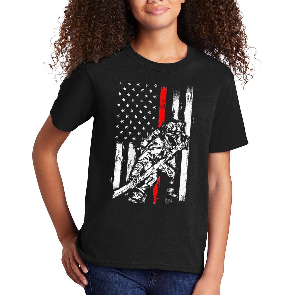 Firefighter Red Us Patriotic Funny Fireman American Flag Kids T-Shirt