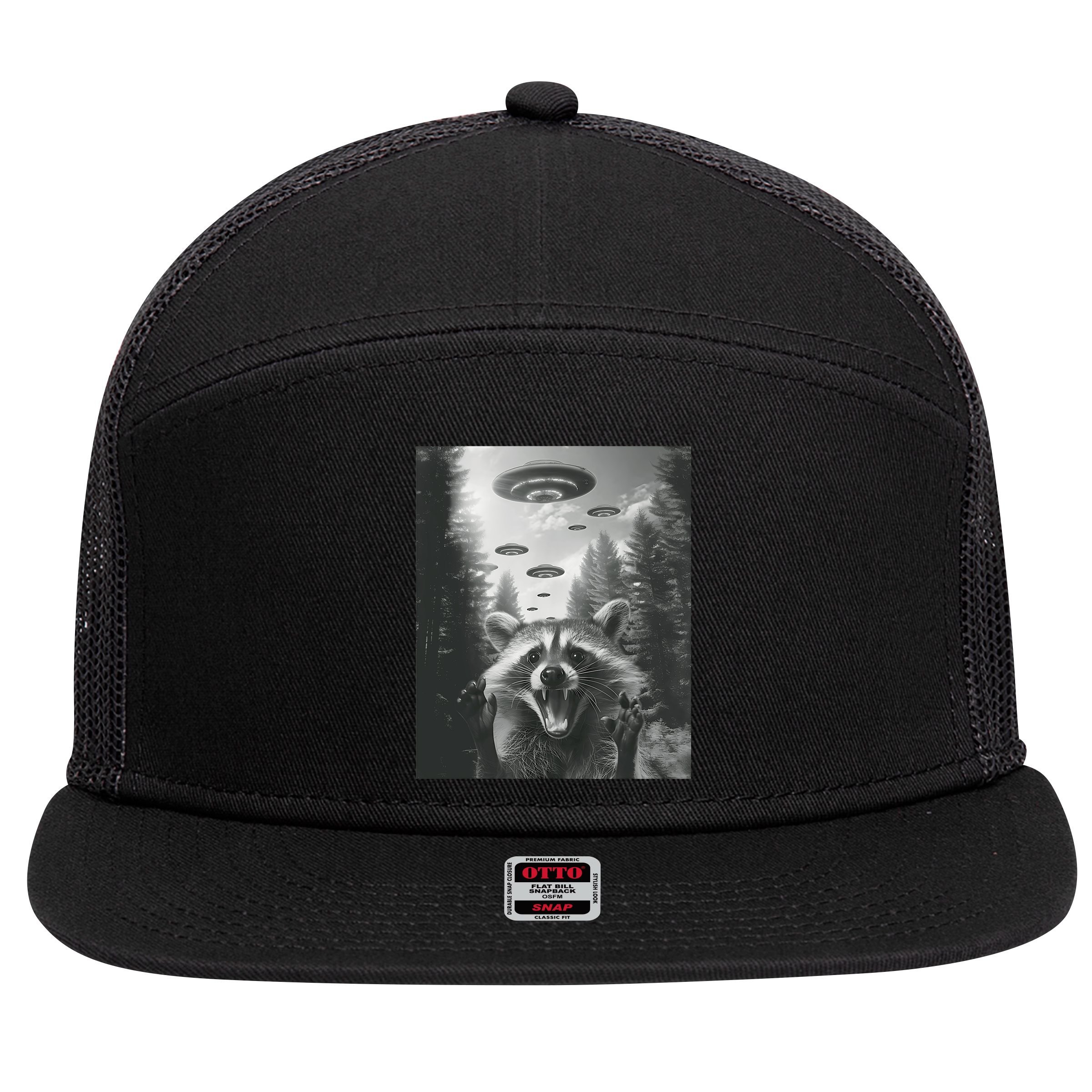 Funny Raccoon UFO Alien Invasion 7 Panel Mesh Trucker Snapback Hat