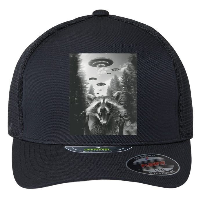 Funny Raccoon UFO Alien Invasion Flexfit Unipanel Trucker Cap