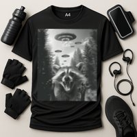 Funny Raccoon UFO Alien Invasion Cooling Performance Crew T-Shirt