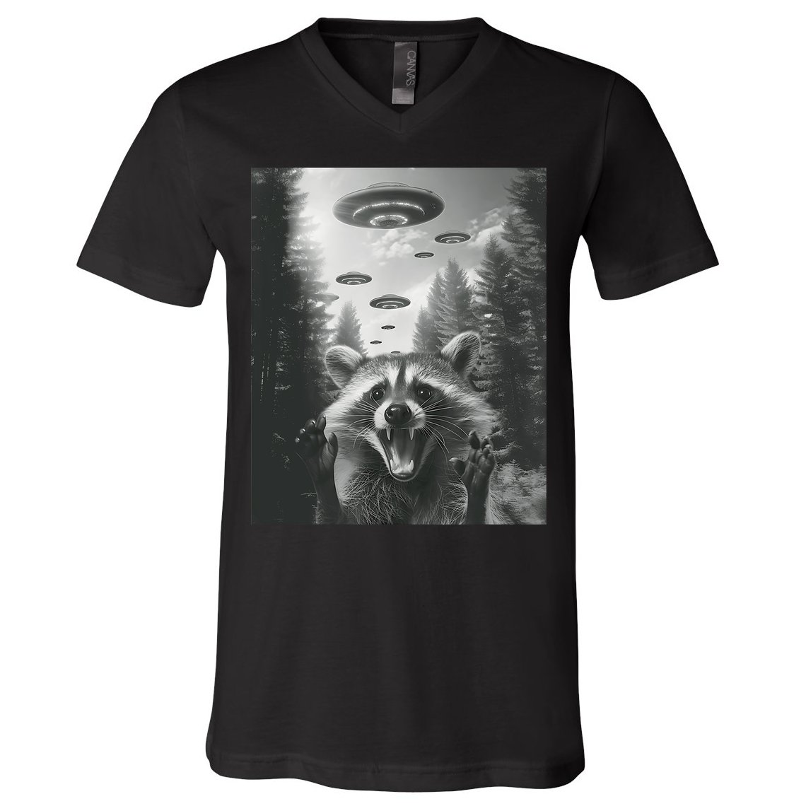 Funny Raccoon UFO Alien Invasion V-Neck T-Shirt