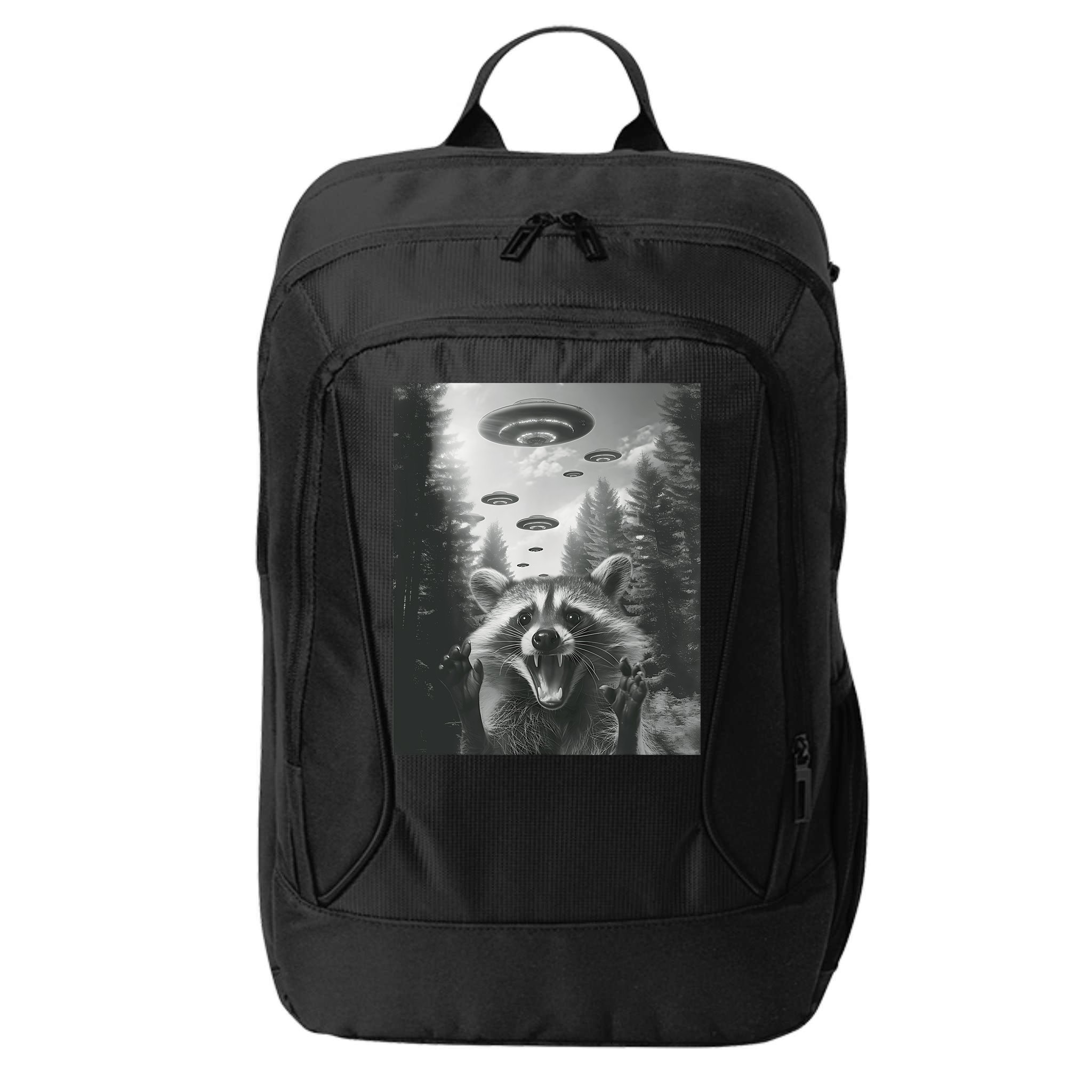 Funny Raccoon UFO Alien Invasion City Backpack
