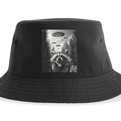 Funny Raccoon UFO Alien Invasion Sustainable Bucket Hat