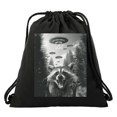 Funny Raccoon UFO Alien Invasion Drawstring Bag