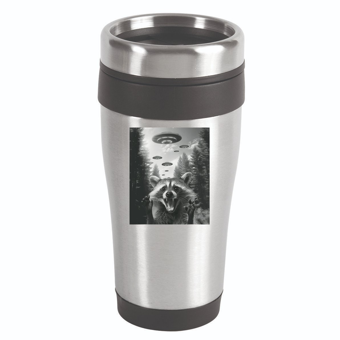 Funny Raccoon UFO Alien Invasion 16oz Travel Tumbler