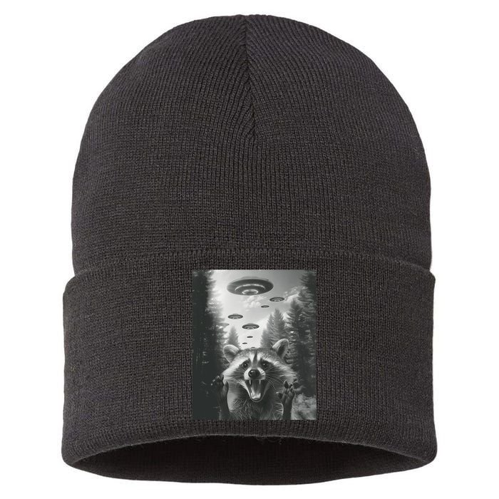 Funny Raccoon UFO Alien Invasion Sustainable Knit Beanie