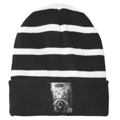 Funny Raccoon UFO Alien Invasion Striped Beanie with Solid Band