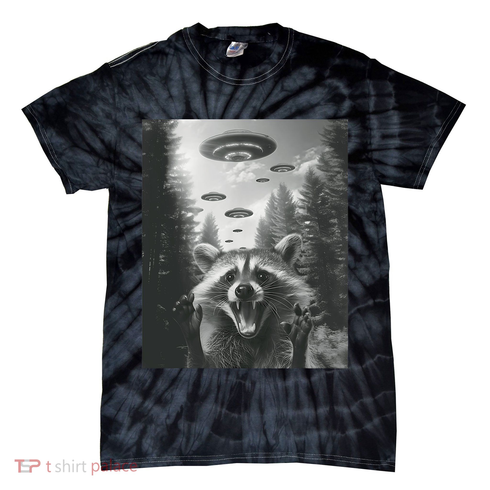Funny Raccoon UFO Alien Invasion Tie-Dye T-Shirt