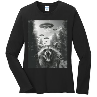Funny Raccoon UFO Alien Invasion Ladies Long Sleeve Shirt