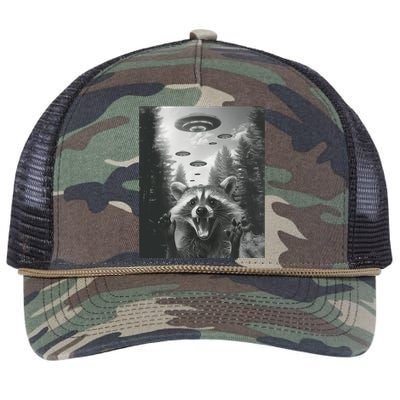 Funny Raccoon UFO Alien Invasion Retro Rope Trucker Hat Cap