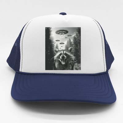 Funny Raccoon UFO Alien Invasion Trucker Hat