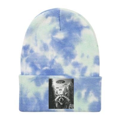 Funny Raccoon UFO Alien Invasion Tie Dye 12in Knit Beanie