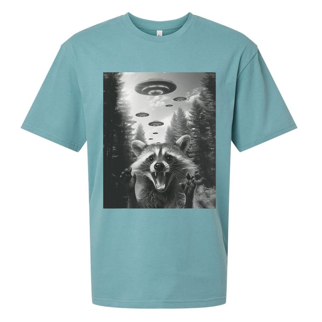 Funny Raccoon UFO Alien Invasion Sueded Cloud Jersey T-Shirt