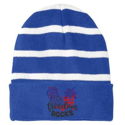 Freedom Rocks Usa Flag And Fireworks Cool Gift Striped Beanie with Solid Band