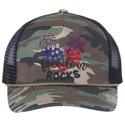 Freedom Rocks Usa Flag And Fireworks Cool Gift Retro Rope Trucker Hat Cap