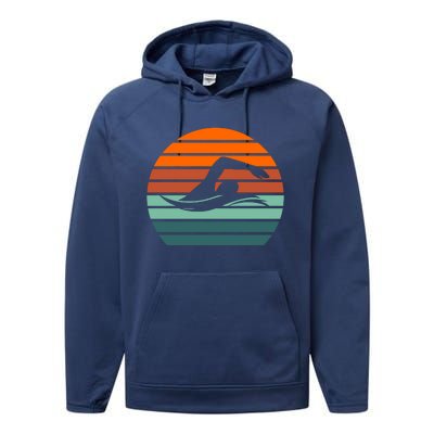 Funny Retro Vintage Sunset Swim Coach Swimming Swimmer Gifts Performance Fleece Hoodie