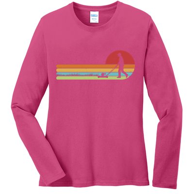 Funny Retro Vintage Lawn Mower Man Ladies Long Sleeve Shirt