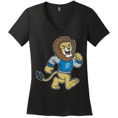 Funny Retro Vintage Lion Mascot Detroit Football Sports Fan Women's V-Neck T-Shirt