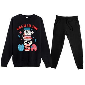 Funny Retro Vial Rocn In The USA Happy 4th Of July Vibes Premium Crewneck Sweatsuit Set