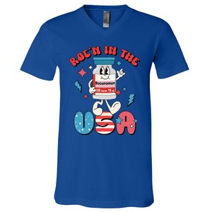 Funny Retro Vial Rocn In The USA Happy 4th Of July Vibes V-Neck T-Shirt