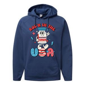 Funny Retro Vial Rocn In The USA Happy 4th Of July Vibes Performance Fleece Hoodie