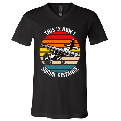 Funny Retro Vintage Airplane Aviation Pilot V-Neck T-Shirt