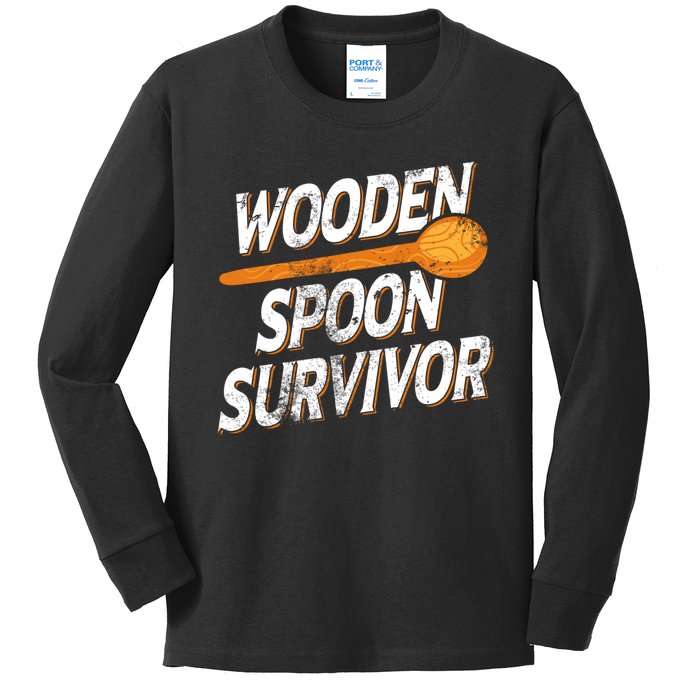 Funny Retro Vintage Wooden Spoon Survivor Kids Long Sleeve Shirt