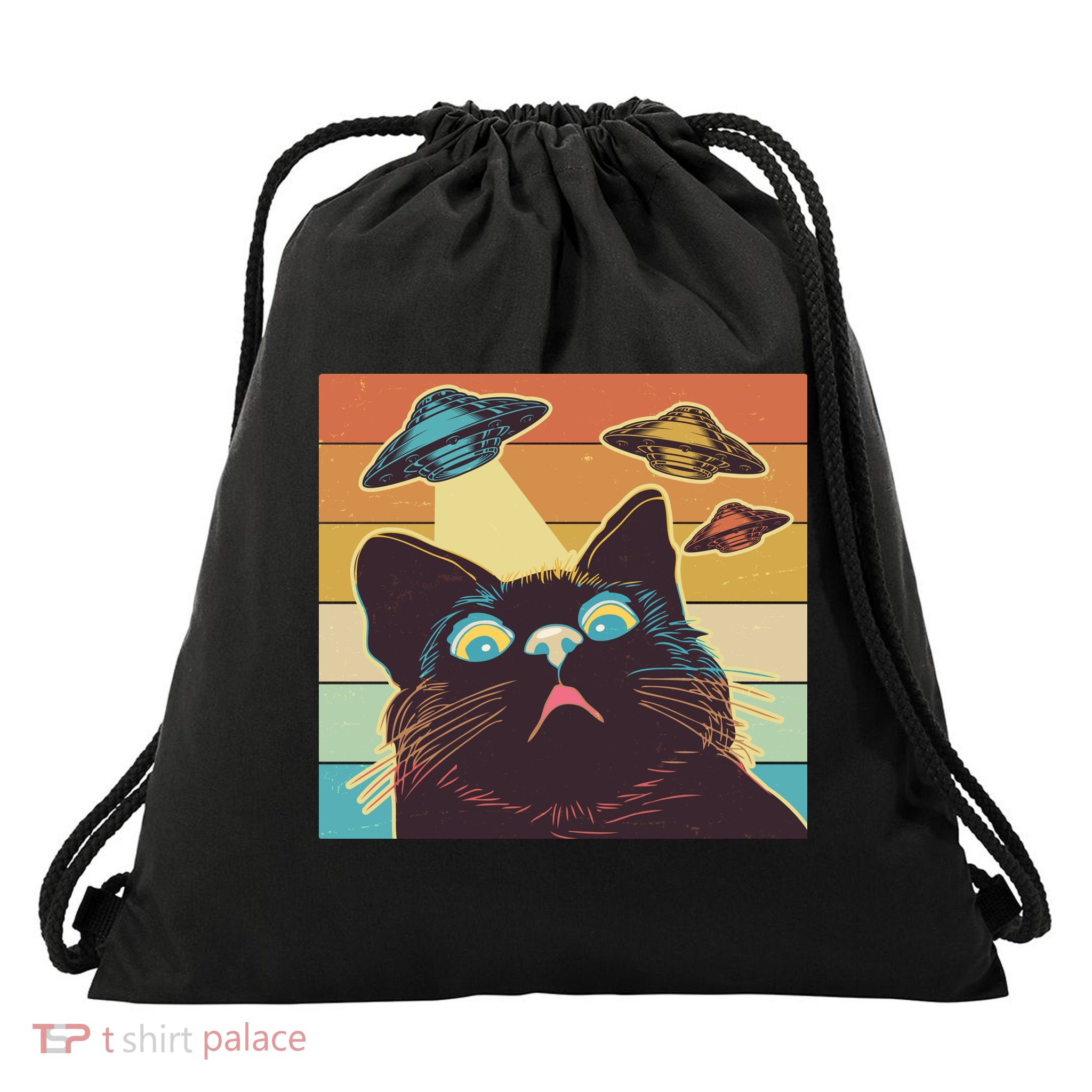Funny Retro Vintage UFO Cat Drawstring Bag