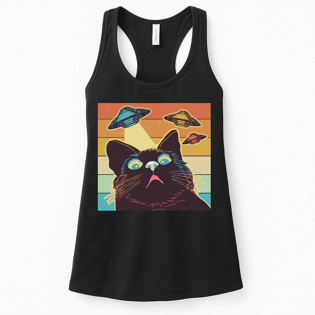 Funny Retro Vintage UFO Cat Womens Tank Top
